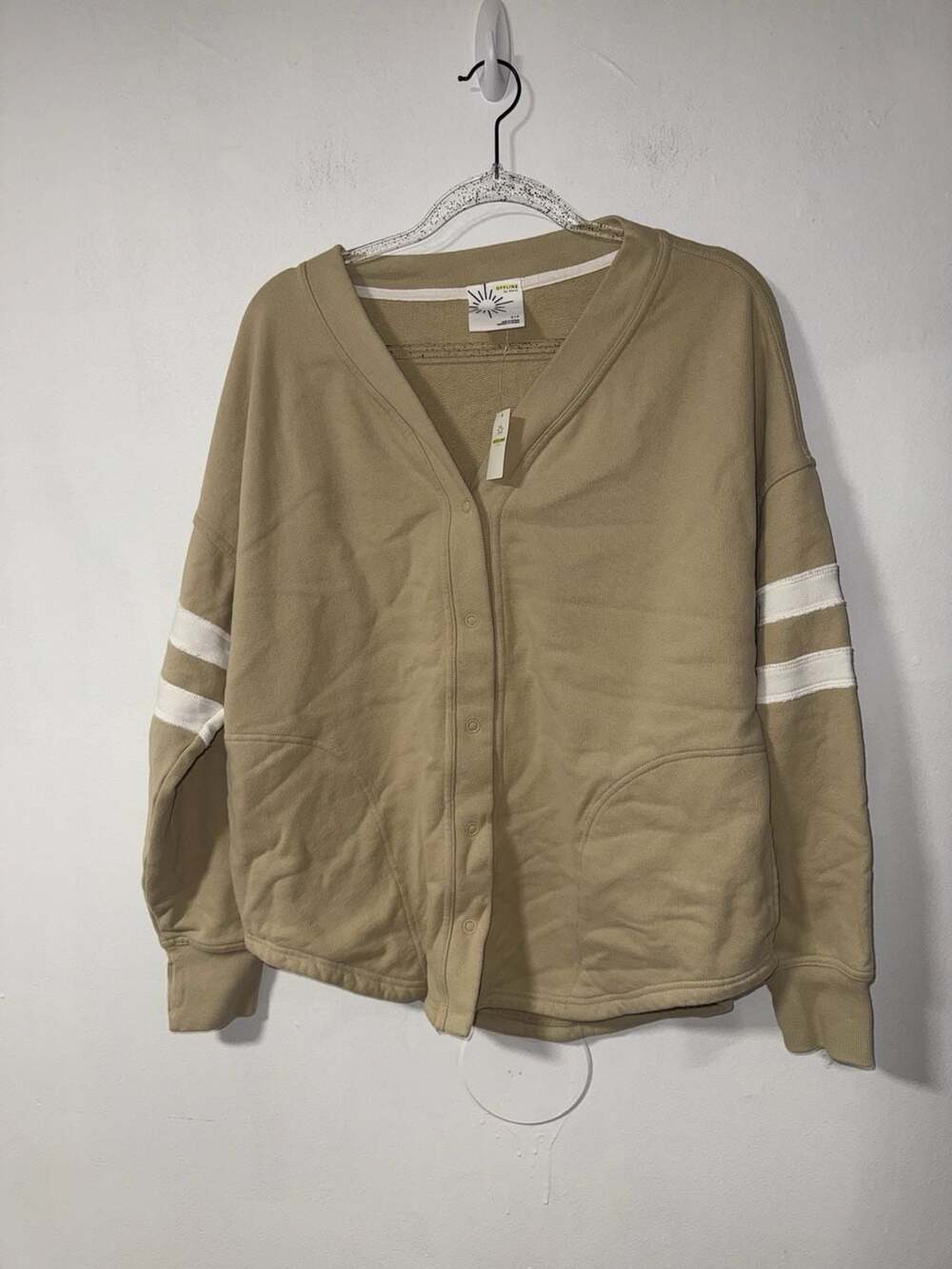 OFFLINE by Aerie Fleece V-Neck Snap Cardigan Sweatshirt with Striped Sleeves